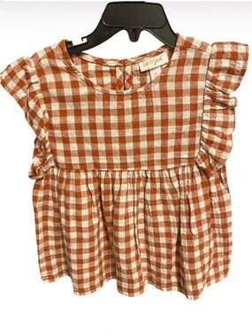 Cat & Jack Rust and Cream Gingham Flutter-Sleeve Blouse Size 5T